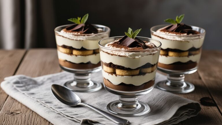 Tiramisu w pucharkach z warstwami kawowych biszkoptów i kremu mascarpone, posypane kakao i udekorowane startą czekoladą.