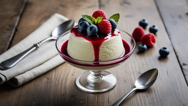 Panna cotta z wanilią, polewana sosem owocowym, udekorowana świeżymi malinami i listkiem mięty w eleganckim pucharku.