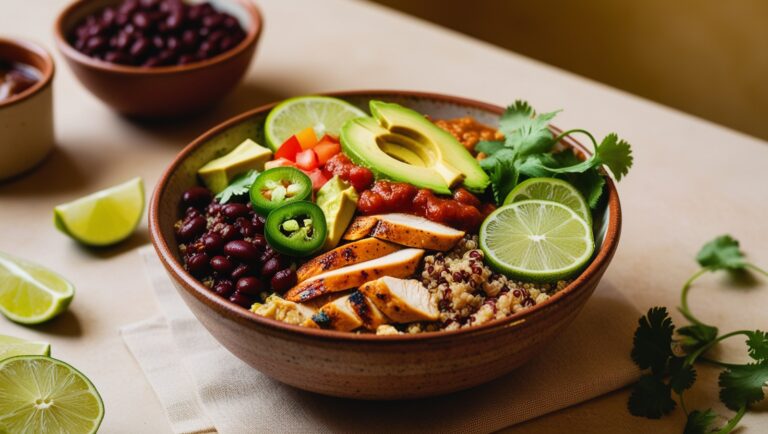 Burrito bowl z komosą ryżową, kurczakiem, fasolą i warzywami w luksusowej aranżacji.