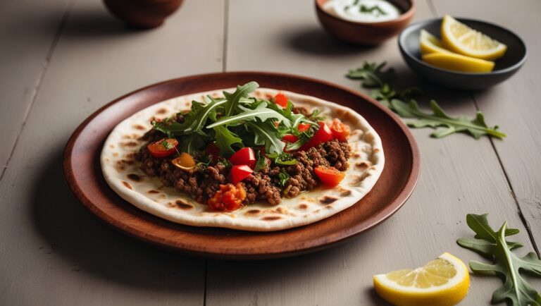 Turecki fit lahmacun z pełnoziarnistym ciastem, nadzieniem z chudej wołowiny i świeżą rukolą, podany z cząstkami cytryny.