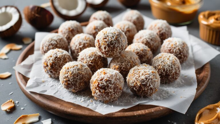 Fit bites z daktylami i wiórkami kokosowymi na rustykalnym talerzu, otoczone naturalnym światłem.